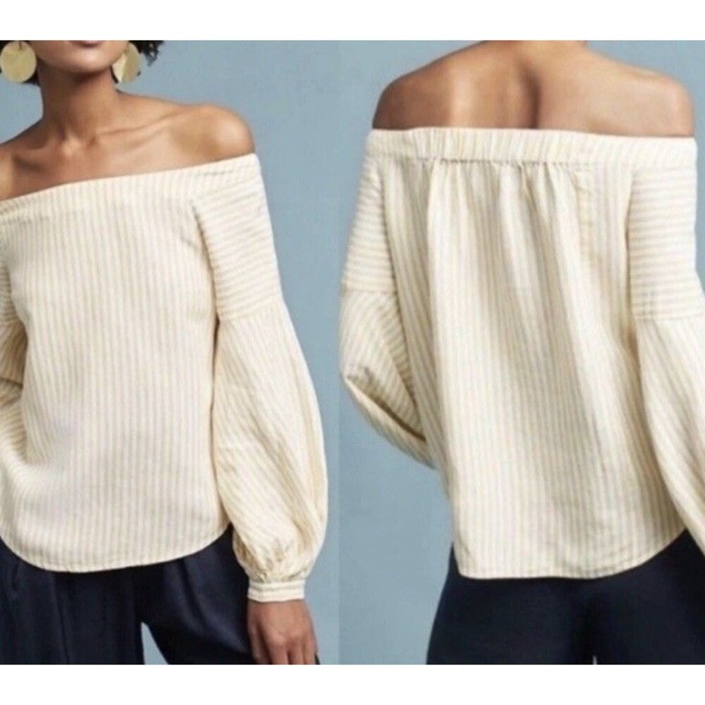 Maeve Anthropologie Off Shoulder Blouse Yellow Striped Balloon Sleeve Linen Sz 4